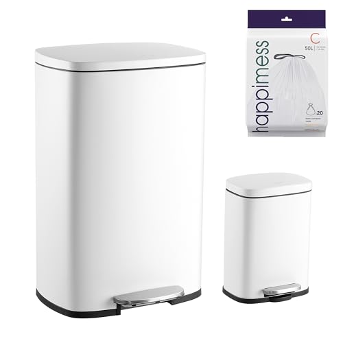 Image of happimess HPM1006C Connor Rectangular Trash Can with Soft-Close Lid and Free Mini Trash Can, Modern Fingerprint Proof for Home, Kitchen, Office, Large:12.98 Gallon Small:1.3 Gallon, White