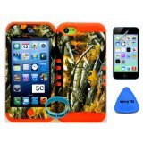 Apple Iphone 5c Hunter Series Camo Mossy Leaves Branch Design Pattern Plastic Protective Cover Case on Orange Silicone Gel. (Included: Wristband, Screen Protector, and Pry Tool Exclusively By Wirelessfones TM)