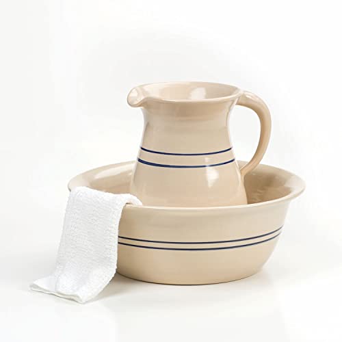 Pottery Heritage Blue Stripe Stoneware Wash Basin and Pitcher Set