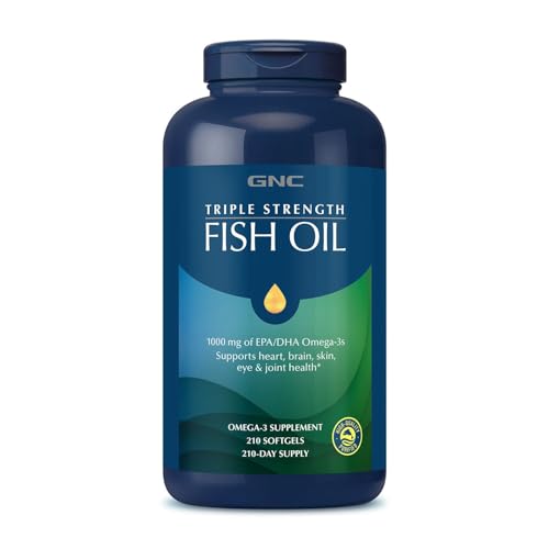 GNC Triple Strength Fish Oil Omega 3 Supplement, 1000mg EPA and DHA, Supports Heart, Brain, Skin, Eye and Joint Health, 210 Softgels
