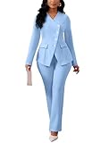 Women's Business Blazer Pants Set Dressy Professional Suits Wide Leg Office 2 Piece Outfit Solid Color Suits Light Blue XL