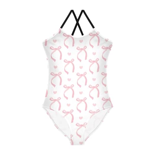 Cute Pink Girls One Piece Swimsuits Ribbon Bow Sport Halter Swimwear Beach Bathing Suit 9-10T
