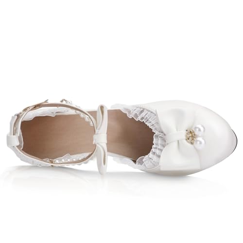 Women's Block High Heel Bow Tie Ruffles Pearl String Bead Lolita Pumps Goth Ankle Strap Sweet Princess Shoes4