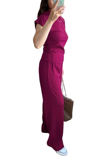 Image of Women's 2 Piece Outfits Casual Summer Cap Sleeve Ribbed Pant Sets Tracksuit