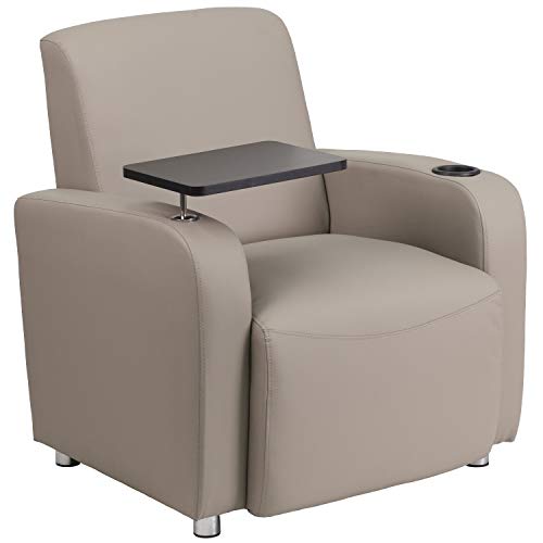 Flash Furniture George LeatherSoft Guest Chair with Tablet Arm and Cup Holder, Upholstered Tablet Arm Chair for Offices and Waiting Rooms, Gray