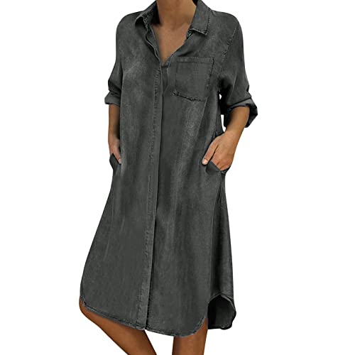 Dasongff Blusenkleid Frauen Langarm Jeanskleid Revers Knopf Bedrucktes...
