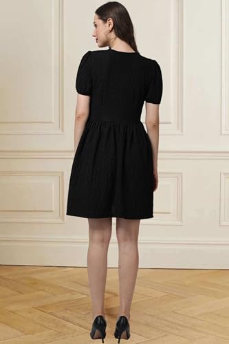 Image of POPWINGS Casual Self Crush Design Solid Knee Length Blouson Peplum Dress for Women || Stylish Summer Dress for Women || Knee-Length Dress for Women || V-Neck Dresses for Women
