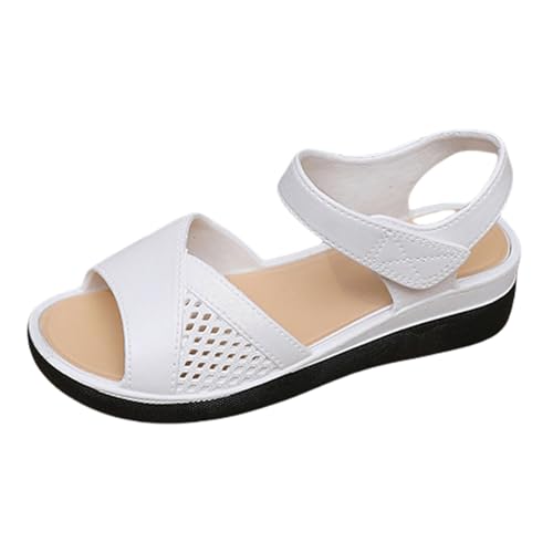 Sandalias de cuña para mujer, con plataforma y puntera abierta, con tiras, de ajuste ancho, zapatos de cuero para mujer, cómodas, de verano, antideslizantes, para caminar, informales, ligeras, White
