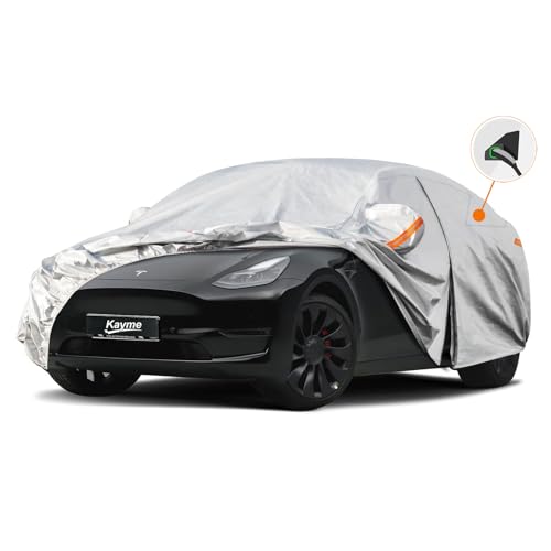 Kayme 6 Layers Car Cover Custom Fit for Tesla Model Y Waterproof All Weather for Automobiles Outdoor Full Car Cover Sun Rain UV Snow Protection.Silver