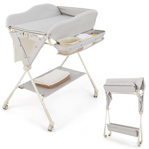 COSTWAY 5 in 1 Wickeltisch klappbar mit Rollen, Wickelkommode 3 stufig...