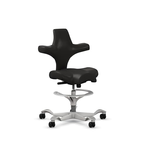 Image of HAG Capisco Sit to Stand Chair-Silver Frame-Upholstered Black Onyx Vinyl-with Foot Ring