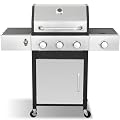 LMNOCHM Gas Grill with Side Burner, 3-Burner Propane Grill with Porcelain-Enameled Cast Iron Grates and Double-Wall Insulated Lid, 39,000 BTU BBQ Grill with Wheels for Outdoor Cooking