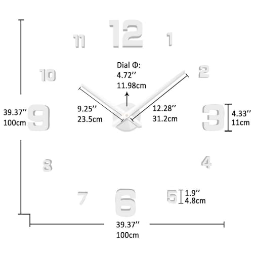 VANGOLD Large Wall Clock DIY Wall Decorations 3D Sticker Frameless Clock for Home Living Room Bedroom Office Decor