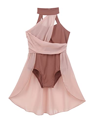 Daenrui Kids Girls Halter Neck Cutout Back Ballet Lyrical Dance Dress Latin Jazz Skating Costume Leotard Skirt Dusty Pink 10 Years