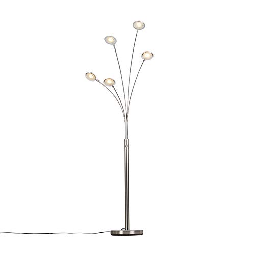 Qazqa led Design Stehleuchte, Stehlampe - Sixties - Silber Farbe, inkl. 25W integrierter LED, dimmbar, 5-flammig, 180cm, Ideal als Bürolampe und Wohnzimmerlampe