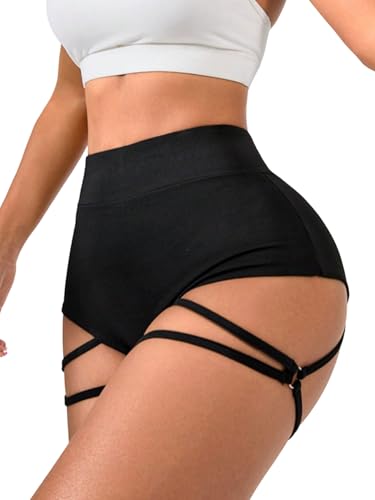 GORGLITTER Damen Shorts Hohe Taille Sommershort Modern Minishorts mit Kreuzdetail Super Kurze Hose Fitnesshorts Clubwear Hotpants Festival Short Schwarz S