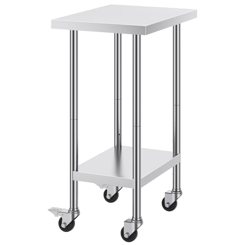 Happybuy 24x18x38 Inch Stainless Steel Work Table with 4 Wheels, 3 Adjustable Heights, Heavy Duty Food Prep Worktable for Commercial Kitchen, Restaurant, Silver