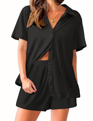 Image of Ekouaer Pajama for Women Set Short Sleeve Button Down Pajamas Sets Soft Lounge Sets for Women Sleepwear PJS