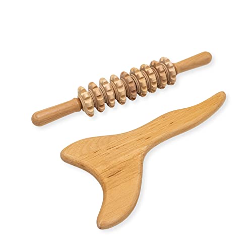 Professional Wood Therapy Massage Tools - 2 Pc Wooden Massager Set - Roller Stick And Gua Sha Body Contouring Tool - Maderotherapy Kit - Lymphatic Drainage - Anti Cellulite Body Sculpting #TOP4
