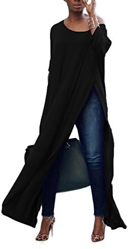 Womens Casual Off One Shoulder Batwing Long Sleeve Split Maxi Long T Shirt Dress