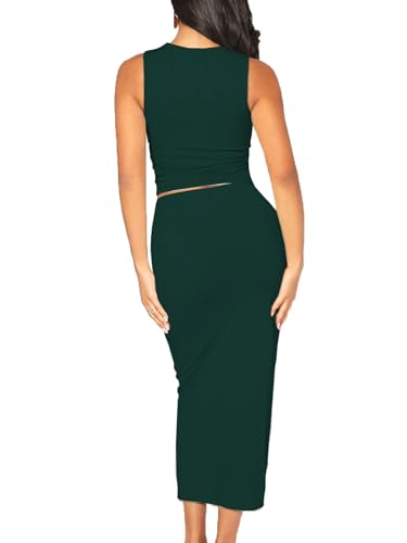 Image of Bdwinz Women's Casual 2 Piece Dress Round Neck Tank Top Bodycon Midi Skirt Dress Set