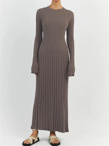 Image of RanRui Womens Winter Fall Pleated Knitted Fit and Flare Long Sleeve Sweater Dress