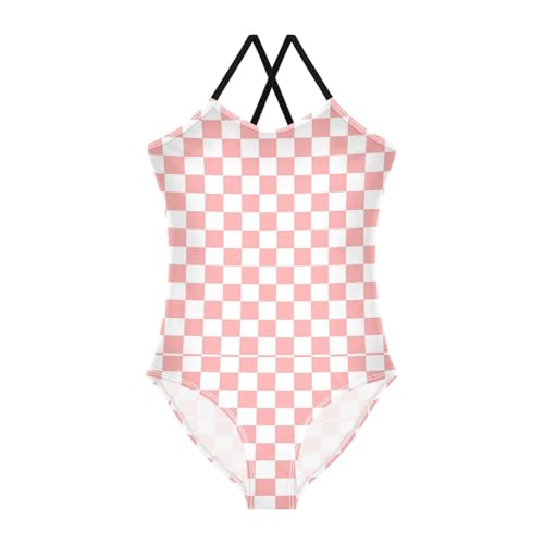 Image of Black and White Chess Girls One Piece Swimsuits Board Marble Tile Sport Halter Swimwear Beach Bathing Suit 3T