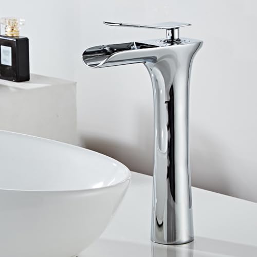 Grifo de lavabo cascada con acabado cromado brillante y diseño moderno monomando