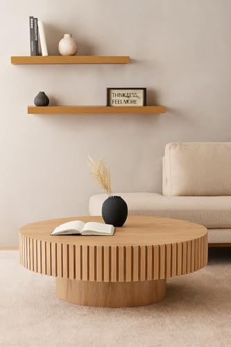 JURMALYN Round Coffee Table for Living Room Contemporary Wood Circle Fluted Coffee Table for Apartment, Easy Assembly ø31.49\'\', Wood Oak