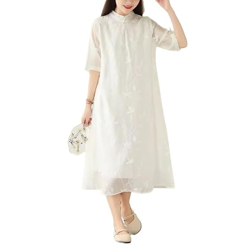 Robe d'été chinoise en lin brodé manches longues vêtement femme chic