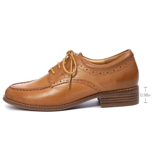Mona flying Sapato social feminino clássico Derby Oxfords de couro com cadarço e bico redondo, Marro