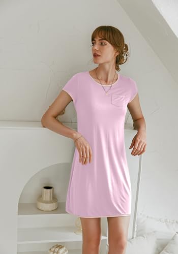 Image of Ekouaer Womens Nightgown Sleep Shirt Dress Satin Patchwork Short Sleeve Sleepwear with Pocket