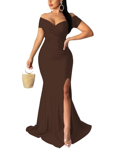 Women Sexy Off Shoulder Maxi Formal Evening Gowns High Split Wedding Guest Prom Party Ball Cocktail Dresses Coffee