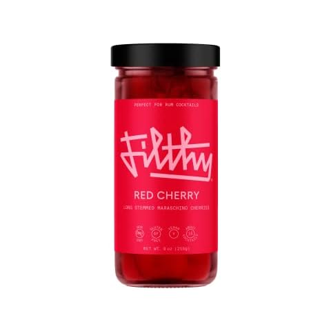 Filthy Red Maraschino Cocktail Cherries, 9 Oz Jar, 15 Long Stemmed Cherries Cover