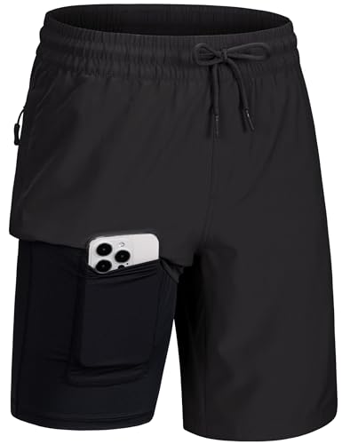 MAGCOMSEN Swim Shorts for Men Compression Liner 9" Inseam Swim Trunks Quick Dry Breathable Hawaii Bathing Beach Shorts Black 40