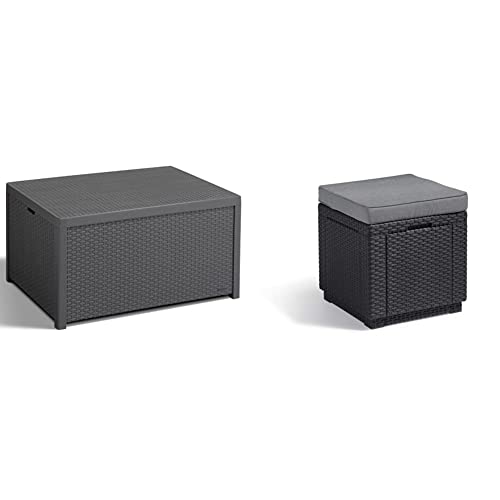 ALLIBERT 220002 Monaco Table lounge/coffre à coussins en plastique effet rotin Gris & Cube w/Cushion Tabouret, Graphite/Gris