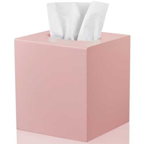Pink Tissue Box Cover Square - Wood Tissue Box Holder for Tabletop Night Stands Bathroom Office - Decorative Facial Cube Tissue Box Dispenser