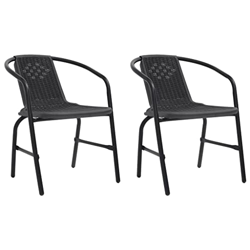 vidaXL Patio Chairs Set of 2 in Black Plastic Rattan with Sturdy Steel Frame - Outdoor Stackable Garden Seating for Decks, Patios, Gardens