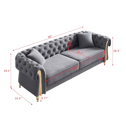 Image of KEIKI 89 inch Chesterfield Velvet Button Tufted Sofa with High Density Foam Cushions and 2 Toss Pillows, Modern Style 3-Seater Couch with 4 Gold Metal Leg, Easy Assembly, for Living Room, Apartment, Grey