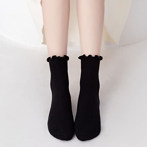 Image of Women Ruffle Crew Socks Lightweight Thin Stripe Turn-Cuff Cute Girls Cotton Socks 3 Pairs