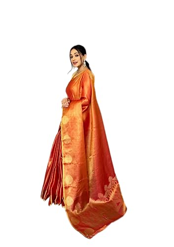 Panzora Women's Tissue Silk Jacquard Weaving Orange Saree With Unstitched Blouse Piece