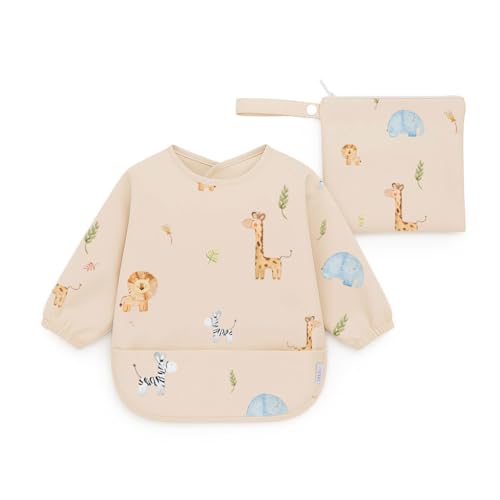 J.Børn BLW Long Sleeve Baby Feeding Bib 6-12M - Waterproof Coverall Weaning Bibs + Free Matching Storage Bag for Baby Led Weaning (Safari)