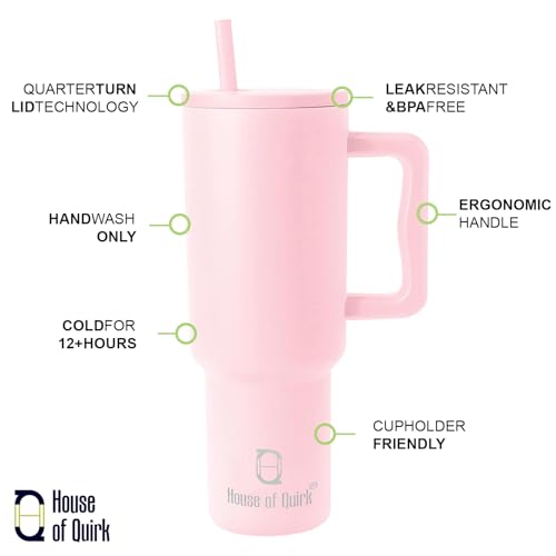 House of Quirk 1200ML Stainless Steel Tumbler with Handle & Lid, 2 Straws – Large Travel Mug Water Cup for Gym, Office & Outdoor Use (Misty Rose)
