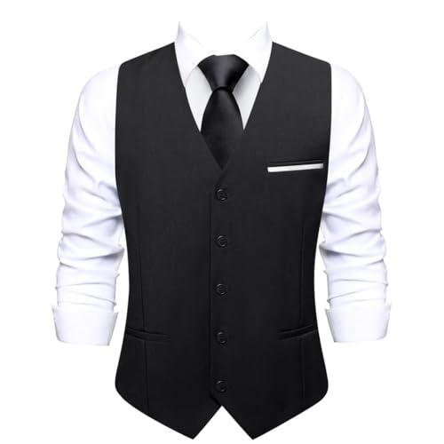 Men's Solid Silk Waistcoat Tie Hanky Cufflinks Set V-Neck Vest for Business Wedding Party