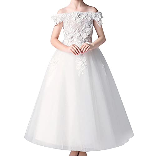 Flower Girl Dress Embroidery Lace Applique Beaded Off Shoulder Long Pageant Formal Wedding Party Dresses for Kids Baby Bridesmaid Birthday Communion Floor Length Tulle Ball Gowns White 9-10 Years