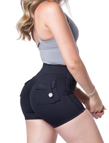 Women Scrunch Shorts with Pockets Crossover High Waist Sculpting Booty Lifting Workout Tight Athletic Gym Bottoms4