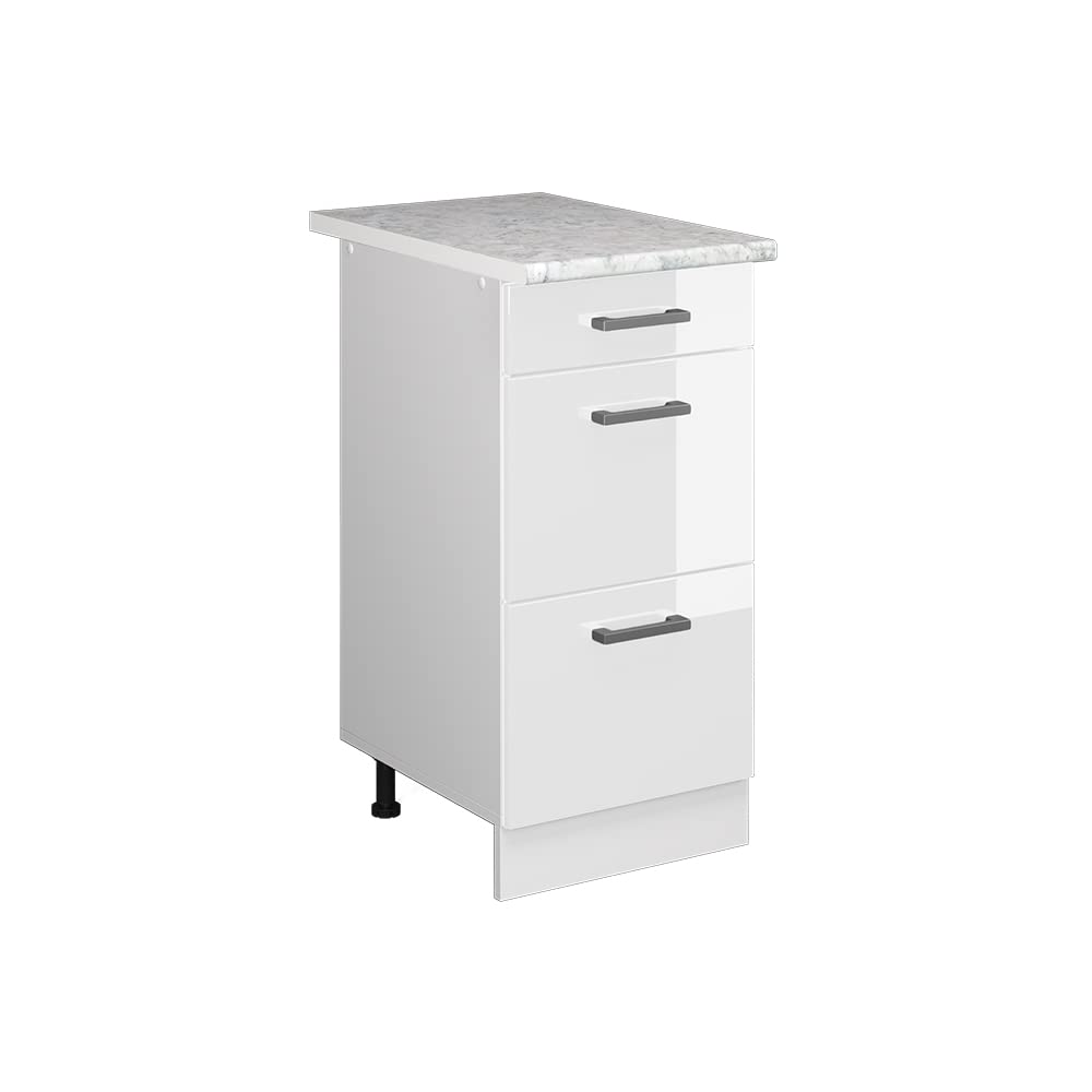 Vicco Mobiletto base per cucina R-Line, Bianco lucido, 40 cm con cassetti PL Marmo, per la libera combinazione all'interno di sistemi cucina modulari