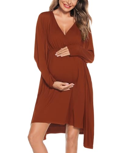 Image of SWOMOG Women Maternity Nursing Gown and Robe Set 3 in 1 Labor Delivery Nursing Nightgown for Breastfeeding Hospital Bathrobe