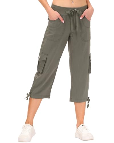 Image of JINSHI Ladies Cropped Trousers Cargo Capri Pant Women Casual Work Office Crop Pants 3/4 Length Bottoms Shorts Multi-Pockets Army-Green Size XL