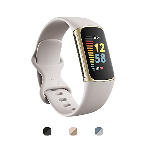 Pulsera avanzada actividad Fitbit Charge 5: con 6 meses de servicio Premium incluidos, hasta 7 días de batería, función ECG y Nivel de recuperación diario, Blanco marfil / Acero inoxidable dorado
